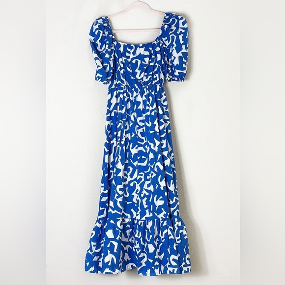 Zara Printed Poplin Dress Blue White Frill Puff Sleeve Maxi / Midi Dress size S - Picture 5 of 12